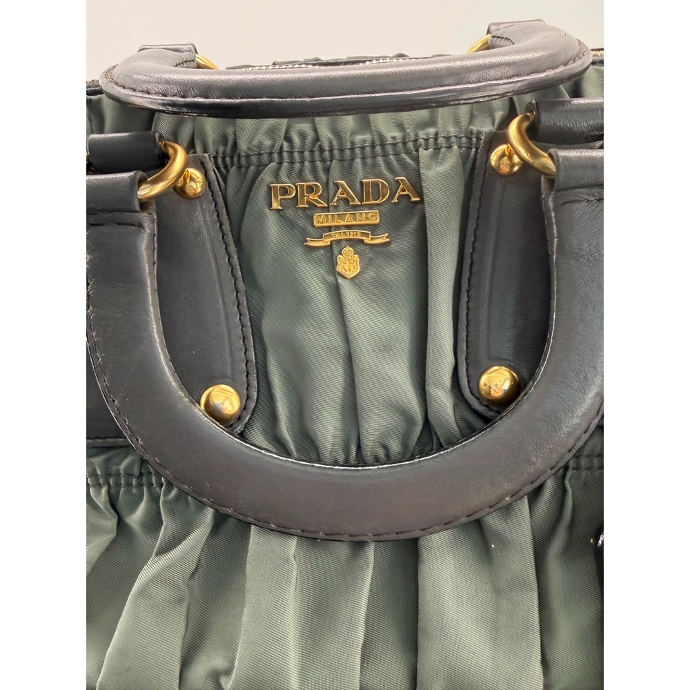 Prada Tessuto Gauffre Ruched Nylon Leather Satchel Bag Green Black Gold Hardware - Picture 4 of 11